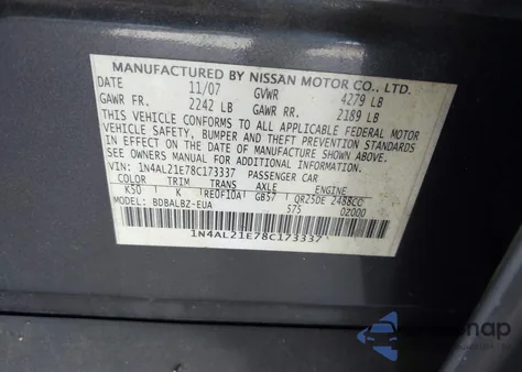 2008 Nissan Altima 2.5 S z USA, uszkodzony, nr VIN 1N4AL21E78C173337